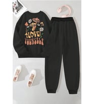 Unisex Love Yourself Baskılı Bisiklet Yaka Eşofman Takımı (Siyah)
