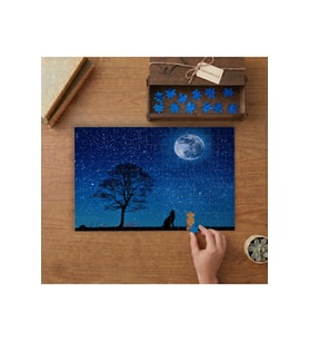 Dolunayda Uluyan Kurt - Yıldızlı Gece Tasarımı 240 parça Ahşap Puzzle Ahşap Kutuda MP01970