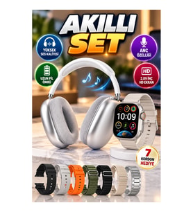 P9 Air Max Bluetooth Kulaklık ve 7 Kordonlu 2.09 İnç HD IPS Ekranlı Akıllı Saat Seti
