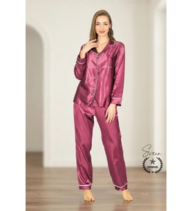 #Pijama Mor Saten Kadın Pijama Takımı Rahat Ev Giyim Günlük ve Çeyizlik Nefes Alabilen Yumuşak