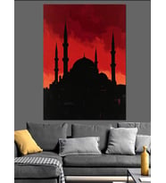 Gün Batımında Camii Silüeti Kırmızı Dekoratif Kanvas - Mdf Ahşap Tablo