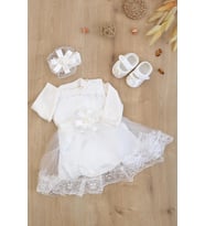 Kız Bebek Mevlüt Elbisesi Gelinlik Dantelli Mevlit Takımı Bebek Mevlütlük Set 0-3 AY STL6830 (Beyaz)