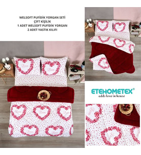 ETE HOMETEX ÇİFT KİŞİLİK LÜX WELSOFT YORGAN SETİ 195X215CM LOVE BORDO 8696474231946