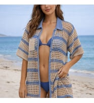 ChicLookDesign El Örgüsü Kadın Günlük & Cepli Plaj Gömleği (Ekru-Mavi)