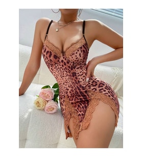 Leopar Desenli  Mini Dantel Detaylı Gecelik