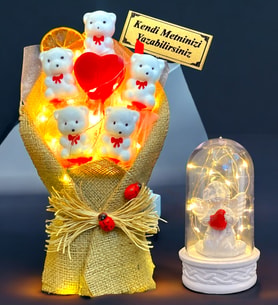 Kişiye Özel Led Işıklı Buket ve Led Işıklı Beyaz Melekli Fanus - Premium Hediye Seti (Model 1)