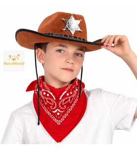 Çocuk Kovboy Şapka Rozetli Kahverengi &amp; Kırmızı Bandana Seti