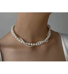 İkili Sarmal İnci Kolye, Choker İncili Kolye (Krem)