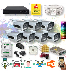 Qromax 7 Kameralı Set - Yapay Zeka Özellikli Gece Renkli Gösteren 5MP SONY Lensli 4 Ultra Warm Ledli FULLHD Güvenlik Kamerası Seti 784W-118