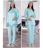 Mecit 5304 Turkuaz  Peluş Detaylı  Sabahlıklı Lohusa Pijama Takımı