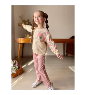 KİZ COCUK KALP BASKİLİ 2 LI TAKIM. PAMUKLU MUKEMMEL KALITE. CEPLİ 2 İPLIK TAM KALIP (Pembe)