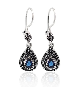 Safir Taşlı Damla Model Oksitli Telkari Gümüş Bayan Küpe 201023142