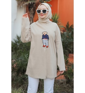 Asiya Oversize Ayı Nakışlı Kapüşonlu Tunik 1335 - Taş