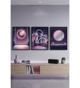 Synthwave Geometri Neon 3’lü Ahşap Çerçeveli Tablo Seti