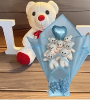 Premium 35 cm Peluş Ayı Premium Kalp Balonlu Romantik Mavi Peluş Ayıcık Buketi (Beyaz)