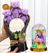 Kişiye Özel Renkli Led Işıklı Biblolu Fanus ve Aynalı Mor Peluş Ayıcık Buketi (Model 9)