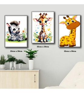 sevimli zebra ve yavru zürafa çocuk odası tablosu 3 adet 35cmx50cm kumaş baskılı canvas tablo