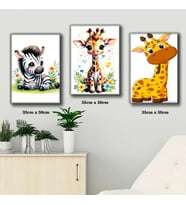 sevimli zebra ve yavru zürafa çocuk odası tablosu 3 adet 35cmx50cm kumaş baskılı canvas tablo