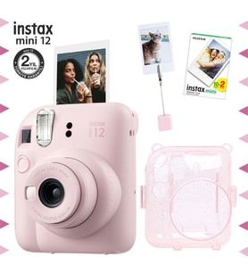 Instax mini 12 Pembe Fotoğraf Makinesi-20'li Film-Kıskaçlı Resim Standı ve Simli Pleksi Kılıf Seti