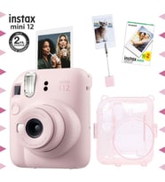 Instax mini 12 Pembe Fotoğraf Makinesi-20'li Film-Kıskaçlı Resim Standı ve Simli Pleksi Kılıf Seti