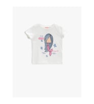 Kız Çocuk Ekru Baskılı T-Shirt Pamuklu (Beyaz)