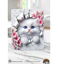 Pembe Çiçekli Sevimli Kedi Temalı 3d Efektli Porselen Kupa Bardak - Kedili Kupa Bardak