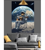 Dünya manzarasında uzayda gitar çalan astronot figürü Dekoratif Kanvas - Mdf Ahşap Tablo