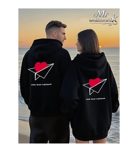 Love From A Distance Sevgili Kombini Hoodie – Unisex Oversize Kapüşonlu Sweatshirt 2’li Set (Siyah)