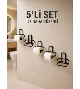 Yapışkanlı Tuvalet Kağıdı Askısı Siyah Metal Delmeden Montaj WC Kağıtlık 5 Adet