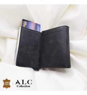 ALC Collection Hakiki Deri Mekanizmalı Renk Seçenekli Kadın ve Erkek Kartlık Cüzdan (Siyah - Koyu Gri)