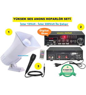 PAZARCI ANONS SESLENDİRME HOPARLÖR SETİ (Bluetooth - USB - Sd Kart - 2 Mikrofon Girişli  Amfi / Açık Hava Horn Hoparlör / Mikrofon)