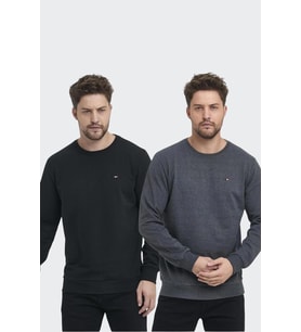 Erkek Siyah-Antrasit Bisiklet Yaka Nakış Detaylı Regular Fit 2'Li Sweatshirt (Siyah-Antrasit)