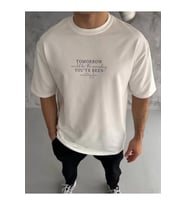 Unisex Bisiklet Yaka Baskılı Oversize T-Shirt - Beyaz