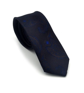 Lacivert Kahverengi Şal Desenli Dokuma Kumaş Mendilli Slim Fit Kravat // SDK-2604-2
