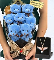 Kişiye Özel Büyük Boy 7'li Tasarım Peluş Ayıcık Buketi ve Renkli Zümrüdü Anka Kuşu Kolyesi (Model 5)