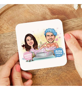 Kişiye Özel Küvetteki Çiftler Karikatürlü Bardak Altlığı