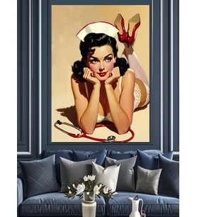 Retro Elbiseli Gülen Pin-Up Dekoratif Kanvas - Mdf Ahşap Tablo