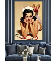 Retro Elbiseli Gülen Pin-Up Dekoratif Kanvas - Mdf Ahşap Tablo