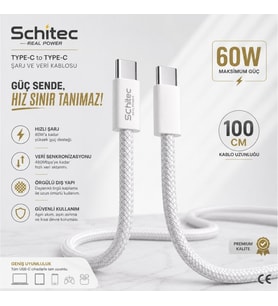 SChitec 60W Type-C to Type-C Örgülü Data ve Hızlı Şarj Kablosu Telefon, Tablet, Laptop Uyumlu Beyaz SK001