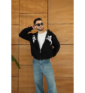 Erkek Kapüşonlu Sweatshirt Hoodie 3 İplik Şardonlu Pamuklu Kumaş, Önü Baskılı, Fermuarlı Rahat Kalı