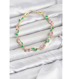 Pirinç Gold Renk Pembe Zirkon Taşlı Çiçek Model Kadın Bileklik TJ-BB8589