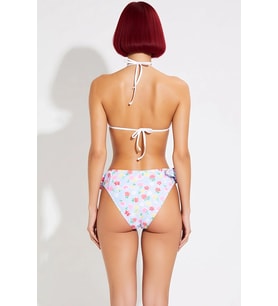 Kadın Bikini Takımı Çiçek Desenli Fırfırlı Üçgen Kap Bağlamalı Balensiz Yüksek Bel Örme Kumaş