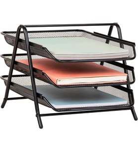 3 Katmanlı Kağıt Tepsisi, Masaüstü Düzenleyici, Dosya Depolama, Çalışma Alanı, Ofis, Metal Örgü, 11.5 "U x 13.75" G x 10"H, Siyah