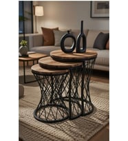 Hasır Telli Model Statik Zigon Sehpa Ahşap Tabla (Kahverengi)