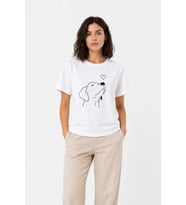 Kadın Köpek Figürlü Minimal Baskılı Tişört Kısa Kol Yazlık T-Shirt - Beyaz