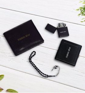 BK Gift Kişiye Özel Cüzdan&Tespih&Çakmak&Sigara Tabakası Hediye Seti (Siyah)