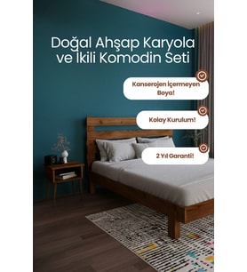 Urban Model Masif Ahşap Karyola ve 2 Adet Komodin Kolay Kurulum Fırınlanmış İthal Sibirya Çamı 90x200 Yatak Uyumlu 2 Adet Komodin