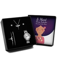 8 Mart Dünya Kadınlar Gününe Özel Tasarımlı Kutulu Melek Kolye & Melek Bileklik & Zirkon Taşlı Bileklik & Küpe & Saat Seti