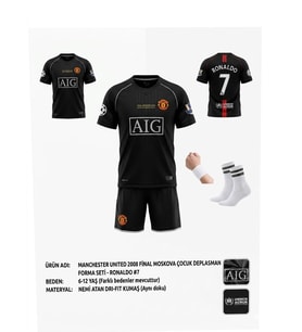 Cristiano Ronaldo Manchester United Retro Siyah 2008 Sezon Çocuk Forma Takımı 4 Parça