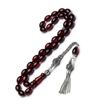 Gümüş Püskül Sertifikalı Damla Kehribar Tesbih 7.5x11mm 19Gr Arpa Kesim (Bordo)
